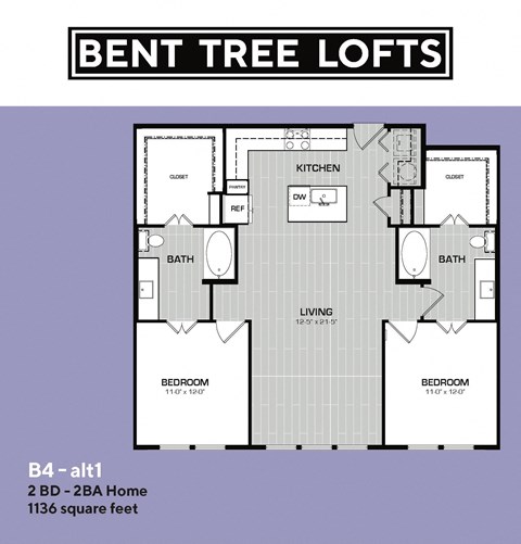 Floor plan for 2 beds, 2 baths, 1136 sqft